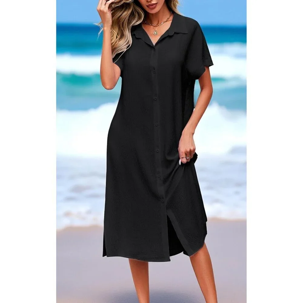Women's Black Button Down Bathing Short Sleeve Swimsuit Cover Up Beach Dress